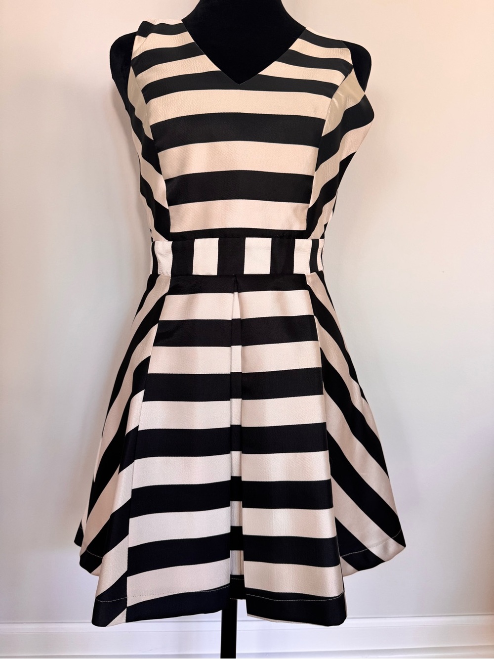Adelyn Rae Black and Cream Striped Fit-and-Flare Mini Dress